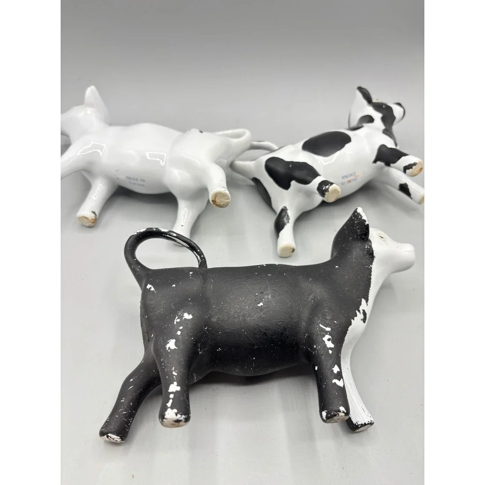 Ceramic Cow Creamer Set of 3 Black White Spotted Farmhouse Kitchen Decor